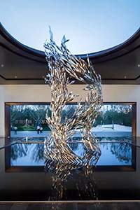 鏡面抽象不銹鋼魚群雕塑水景擺件
